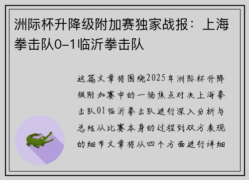 洲际杯升降级附加赛独家战报：上海拳击队0-1临沂拳击队